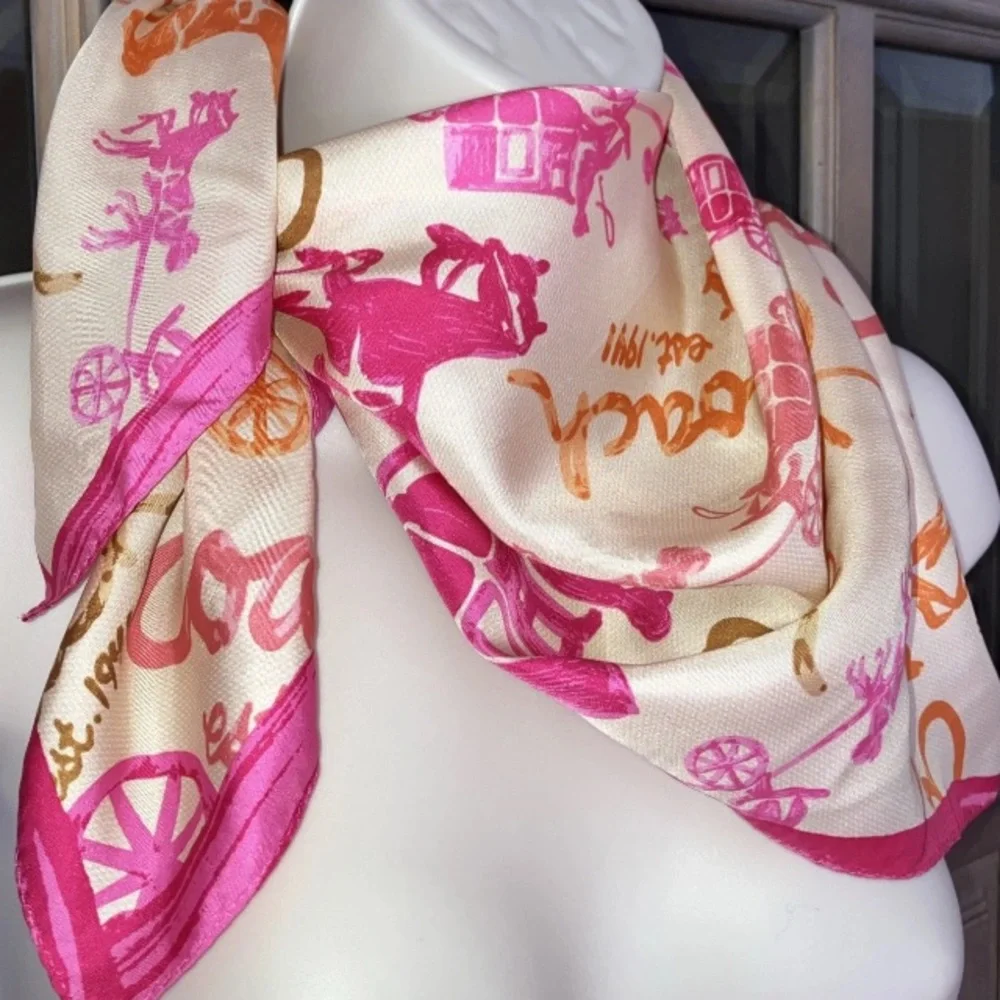 Coach Signature Horse & Carriage Printed Silk Print Square Scarf Womens Pink 26”